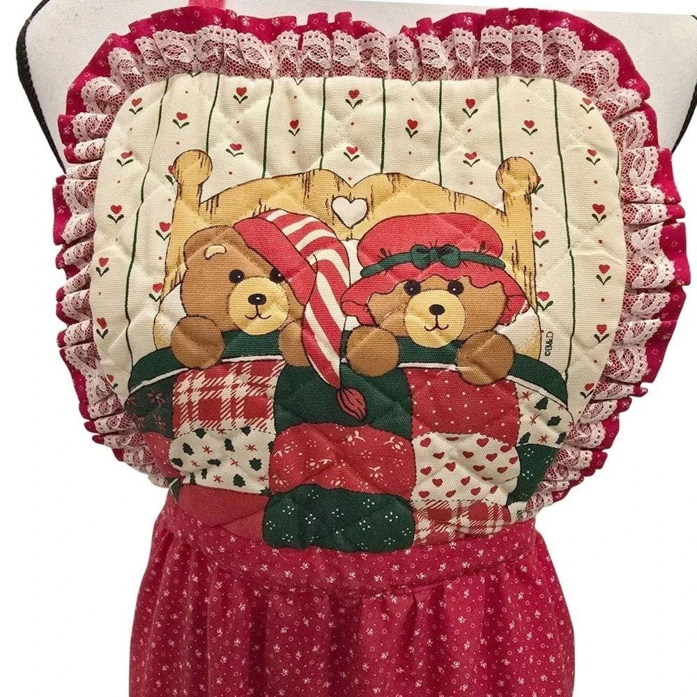 Vintage 1980s B&D Barth Dreyfuss Teddy Bear Christmas Quilted Apron Lace